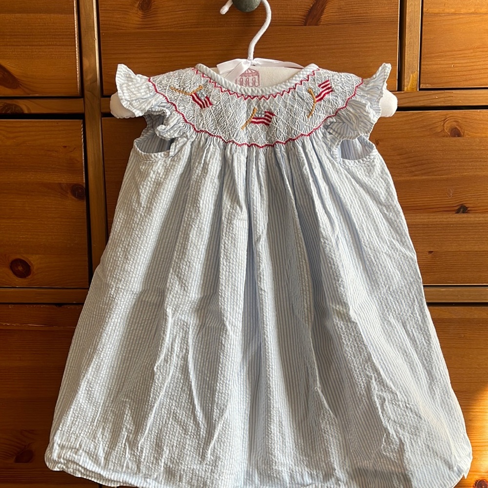 Little English Smocked Seersucker American Flag Dress